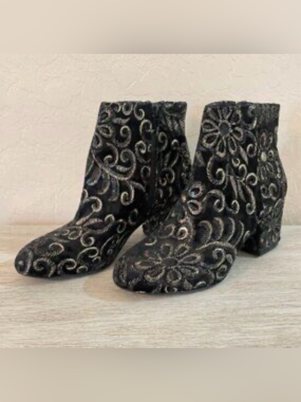 Aldo Black Velvet Ankle Boots with Silver Embroidered Scrolls